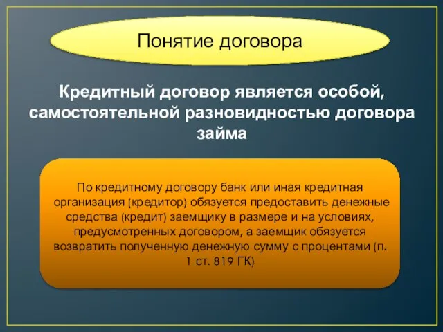 Кредитный договор является особой, самостоятельной разновидностью договора займа Понятие договора По