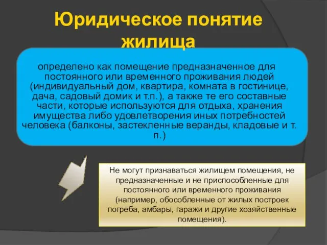 Юридическое понятие жилища определено как помещение предназначенное для постоянного или временного