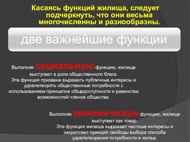 Касаясь функций жилища, следует подчеркнуть, что они весьма многочисленны и разнообразны.