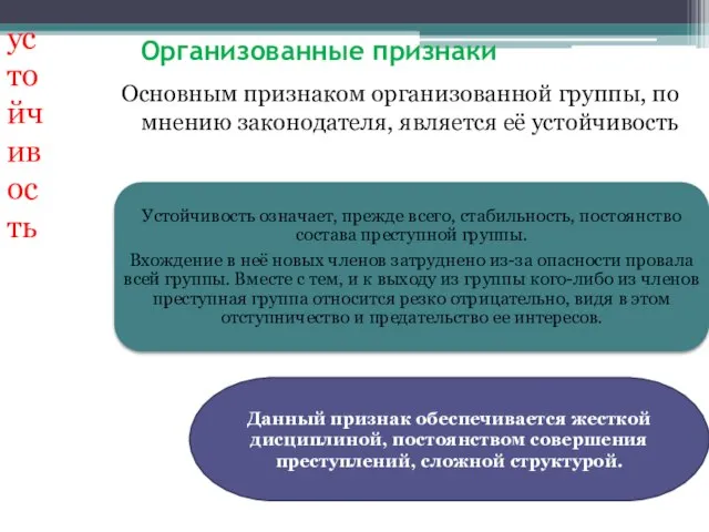 Организованные признаки Основным признаком организованной группы, по мнению законодателя, является её