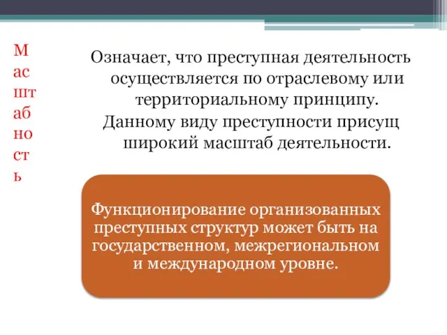 Означает, что преступная деятельность осуществляется по отраслевому или территориальному принципу. Данному