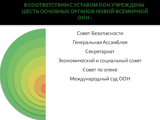 В соответствии с Уставом ООН учреждены шесть основных органов новой всемирной оон :