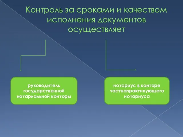 Контроль за сроками и качеством исполнения документов осуществляет руководитель государственной нотариальной