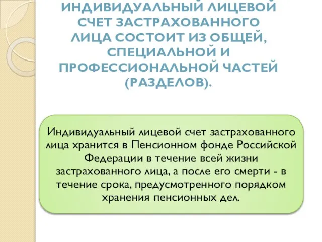 Индивидуальный лицевой счет застрахованного лица состоит из общей, специальной и профессиональной частей (разделов).