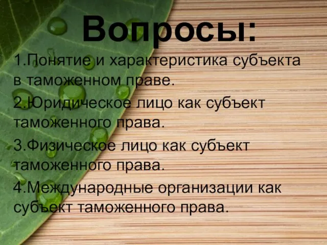 Вопросы: 1.Понятие и характеристика субъекта в таможенном праве. 2.Юридическое лицо как