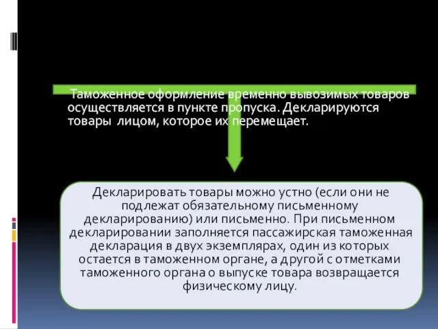 Таможенное оформление временно вывозимых товаров осуществляется в пункте пропуска. Декларируются товары