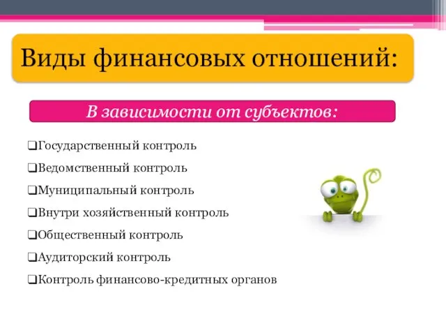 В зависимости от субъектов: Государственный контроль Ведомственный контроль Муниципальный контроль Внутри