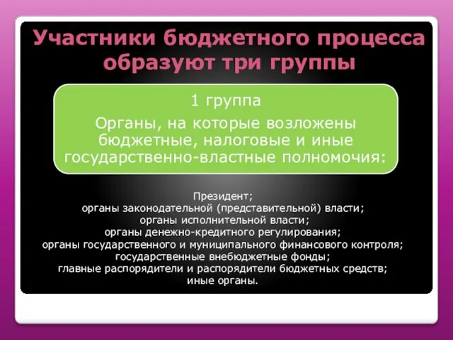 Участники бюджетного процесса образуют три группы Президент; органы законодательной (представительной) власти;