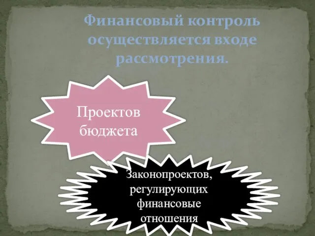 Финансовый контроль осуществляется входе рассмотрения. Проектов бюджета Законопроектов, регулирующих финансовые отношения