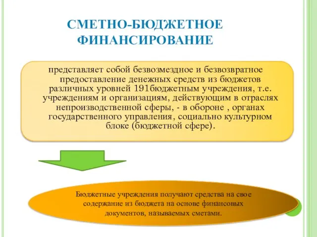 Сметно-бюджетное финансирование представляет собой безвозмездное и безвозвратное предоставление денежных средств из