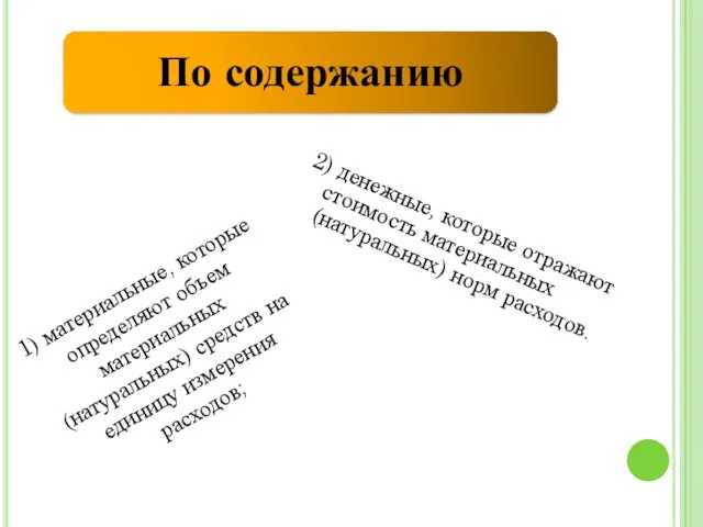 2) денежные, которые отражают стоимость материальных (натуральных) норм расходов. 1) материальные,