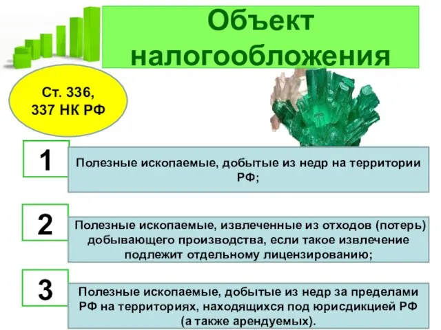 Объект налогообложения 1 2 3 Полезные ископаемые, добытые из недр на