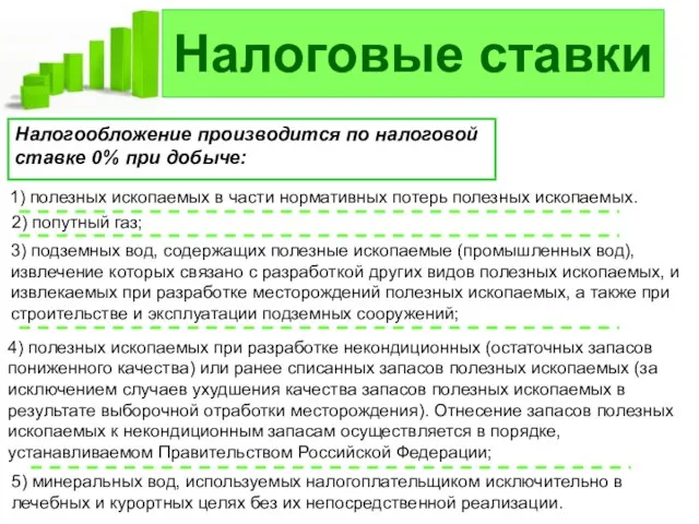 Налоговые ставки Налогообложение производится по налоговой ставке 0% при добыче: 1)