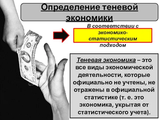 Определение теневой экономики В соответствии с экономико-статистическим подходом Теневая экономика –