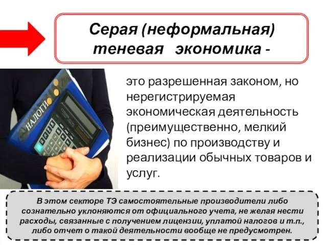 Серая (неформальная) теневая экономика - это разрешенная законом, но нерегистрируемая экономическая