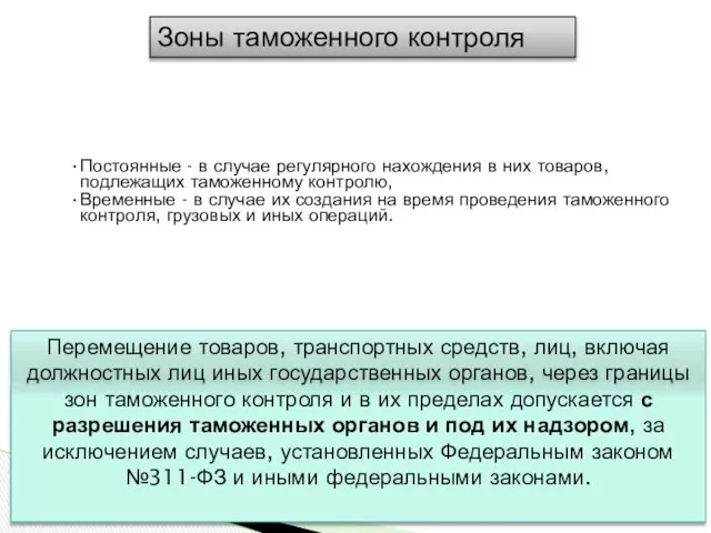 Зоны таможенного контроля Перемещение товаров, транспортных средств, лиц, включая должностных лиц