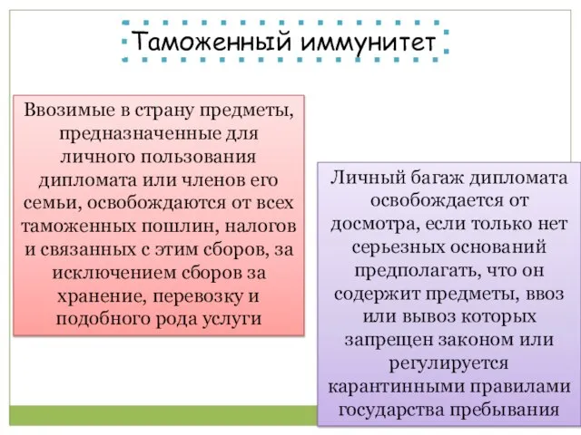 Таможенный иммунитет Ввозимые в страну предметы, предназначенные для личного пользования дипломата