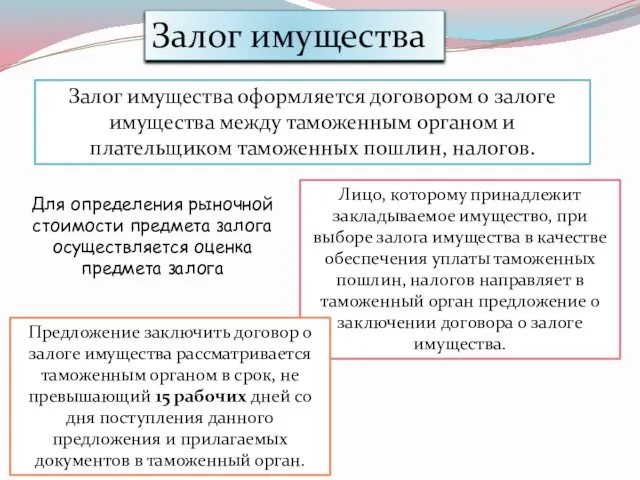 Залог имущества Залог имущества оформляется договором о залоге имущества между таможенным