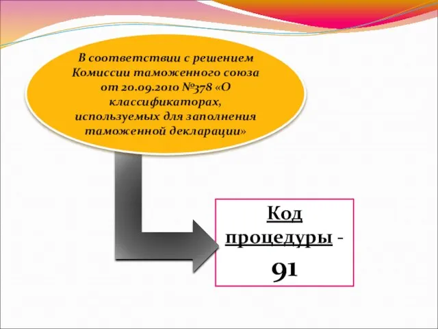 Код процедуры - 91 В соответствии с решением Комиссии таможенного союза