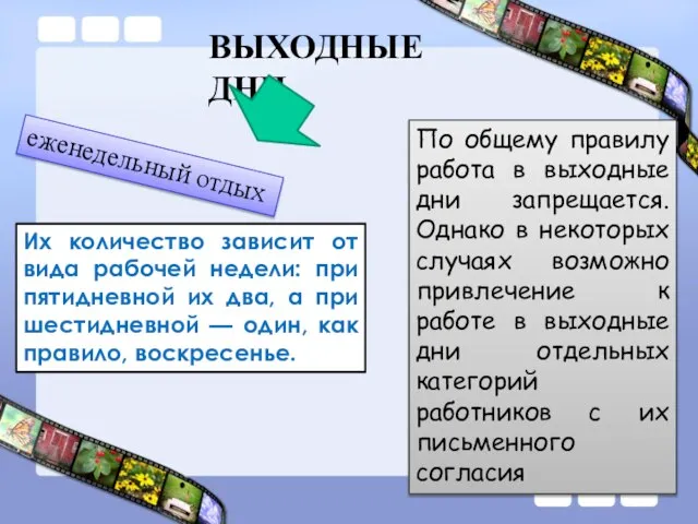 Выходные дни еженедельный отдых Их количество зависит от вида рабочей недели: