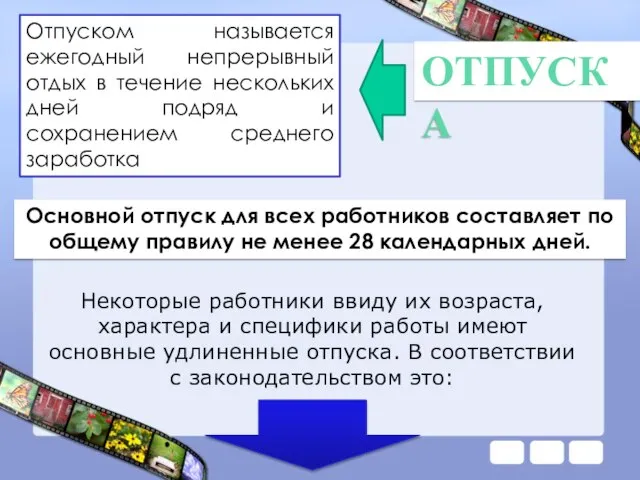 Отпуска Отпуском называется ежегодный непрерывный отдых в течение нескольких дней подряд