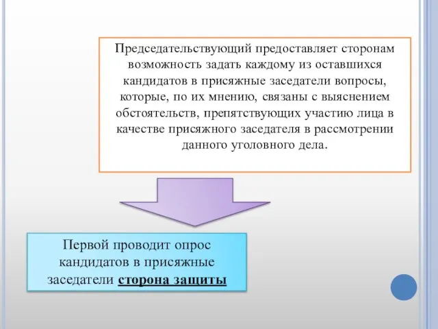 Председательствующий предоставляет сторонам возможность задать каждому из оставшихся кандидатов в присяжные