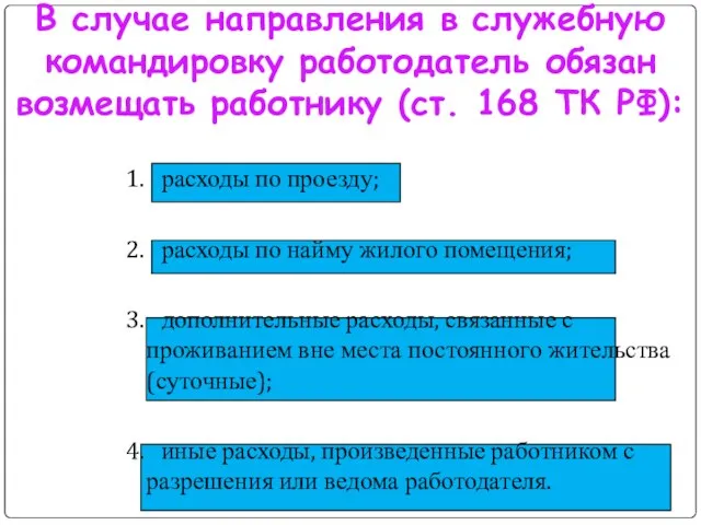 В случае направления в служебную командировку работодатель обязан возмещать работнику (ст.