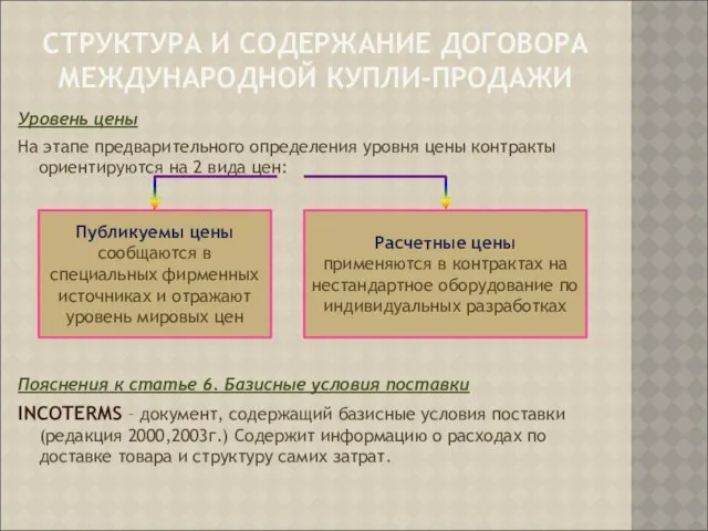 СТРУКТУРА И СОДЕРЖАНИЕ ДОГОВОРА МЕЖДУНАРОДНОЙ КУПЛИ-ПРОДАЖИ Уровень цены На этапе предварительного