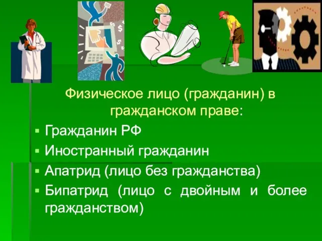 Физическое лицо (гражданин) в гражданском праве: Гражданин РФ Иностранный гражданин Апатрид