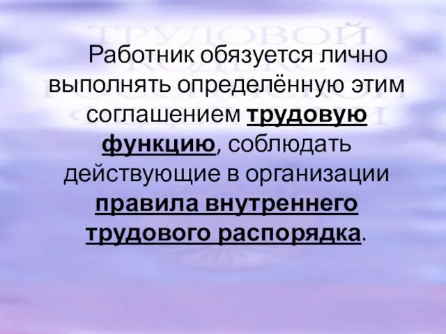 Работник обязуется лично выполнять определённую этим соглашением трудовую функцию, соблюдать действующие