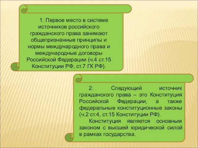 1. Первое место в системе источников российского гражданского права занимают общепризнанные