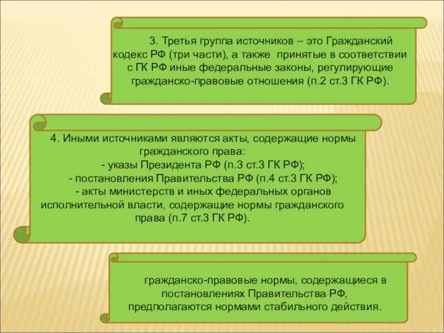 3. Третья группа источников – это Гражданский кодекс РФ (три части),