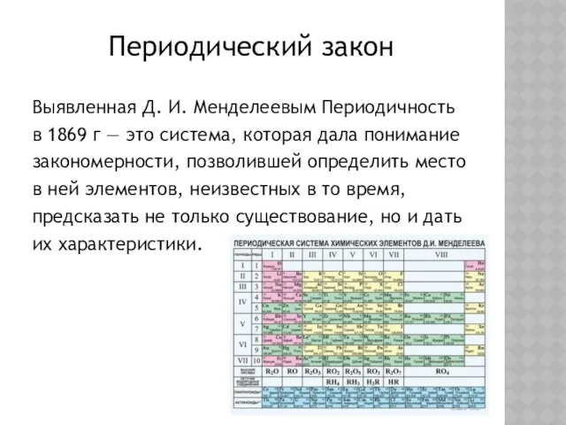 Периодический закон Выявленная Д. И. Менделеевым Периодичность в 1869 г —