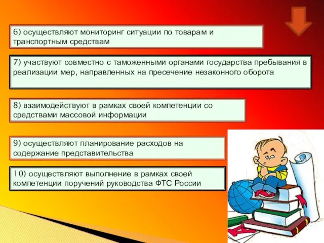 6) осуществляют мониторинг ситуации по товарам и транспортным средствам 7) участвуют