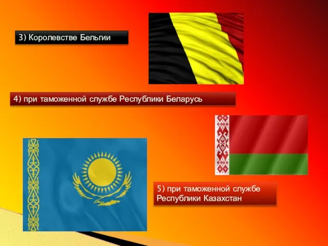 3) Королевстве Бельгии 4) при таможенной службе Республики Беларусь 5) при таможенной службе Республики Казахстан