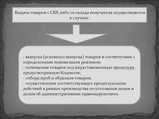 Выдача товаров с СВХ либо со склада получателя осуществляется в случаях: