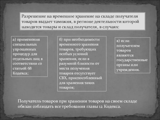 Разрешение на временное хранение на складе получателя товаров выдает таможня, в