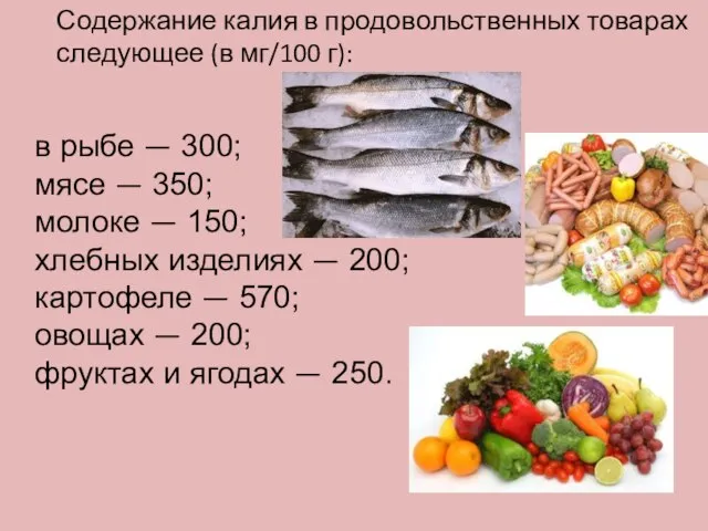 Содержание калия в продовольственных товарах следующее (в мг/100 г): в рыбе
