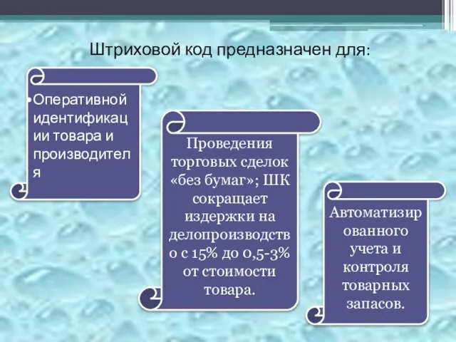 Штриховой код предназначен для: Автоматизированного учета и контроля товарных запасов. Проведения