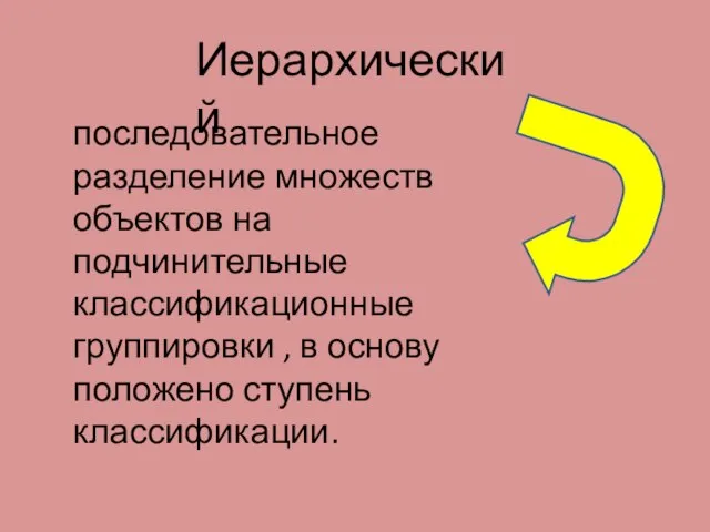 Иерархический последовательное разделение множеств объектов на подчинительные классификационные группировки , в основу положено ступень классификации.