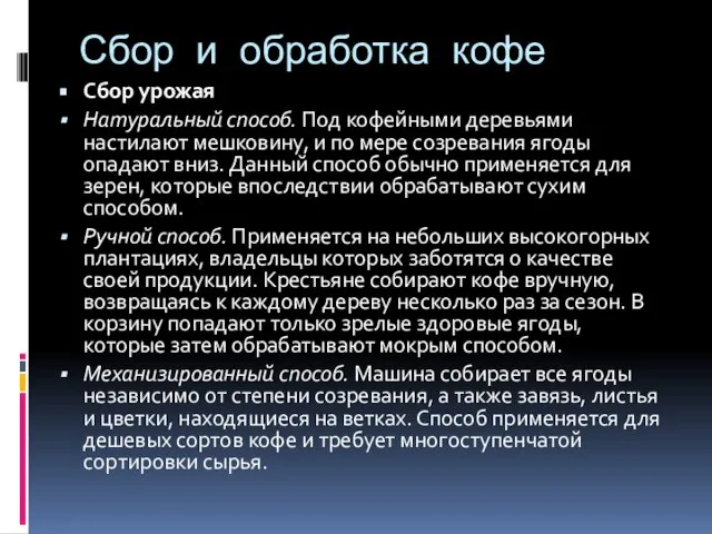 Сбор и обработка кофе Сбор урожая Натуральный способ. Под кофейными деревьями