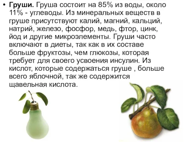 Груши. Груша состоит на 85% из воды, около 11% - углеводы.