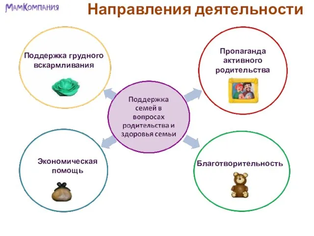 Направления деятельности Поддержка грудного вскармливания Пропаганда активного родительства Благотворительность Экономическая помощь