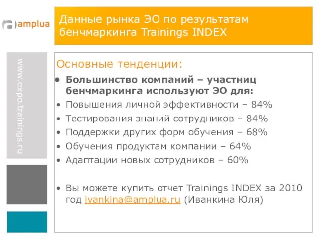 Данные рынка ЭО по результатам бенчмаркинга Trainings INDEX Основные тенденции: Большинство