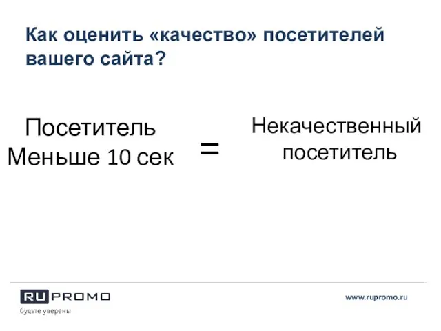 Как оценить «качество» посетителей вашего сайта? www.rupromo.ru Посетитель Меньше 10 сек Некачественный посетитель =