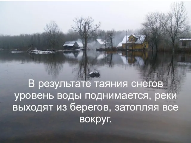 В результате таяния снегов уровень воды поднимается, реки выходят из берегов, затопляя все вокруг.