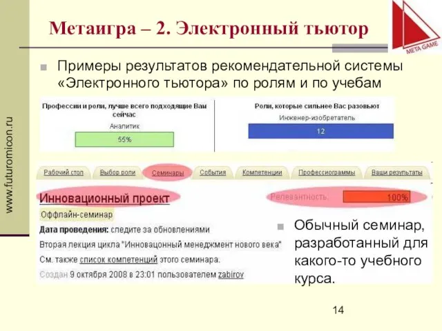 www.futuromicon.ru Метаигра – 2. Электронный тьютор Примеры результатов рекомендательной системы «Электронного