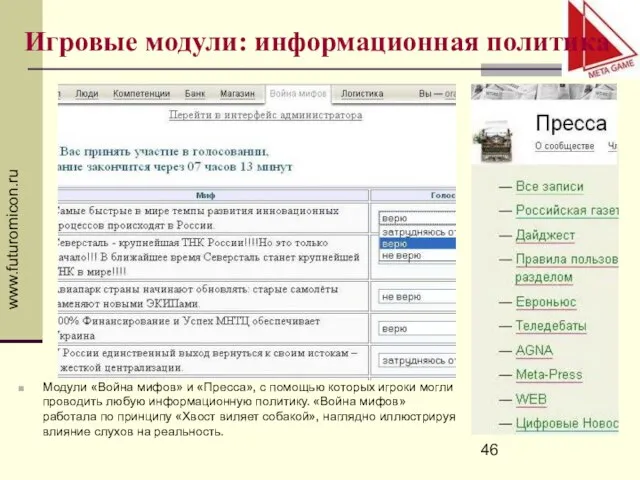 www.futuromicon.ru Игровые модули: информационная политика Модули «Война мифов» и «Пресса», с