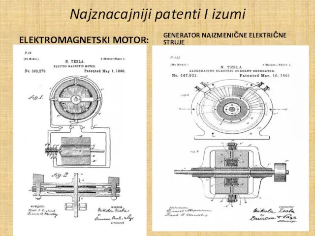 Najznacajniji patenti I izumi ELEKTROMAGNETSKI MOTOR: GENERATOR NAIZMENIČNE ELEKTRIČNE STRUJE