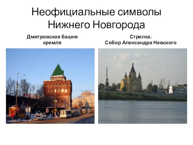 Неофициальные символы Нижнего Новгорода Дмитровская башня кремля Стрелка. Собор Александра Невского